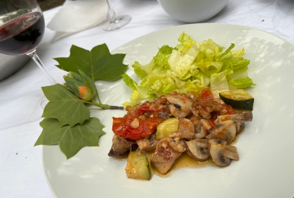Catfish mit Gemüse, Salat und Pinot Noir